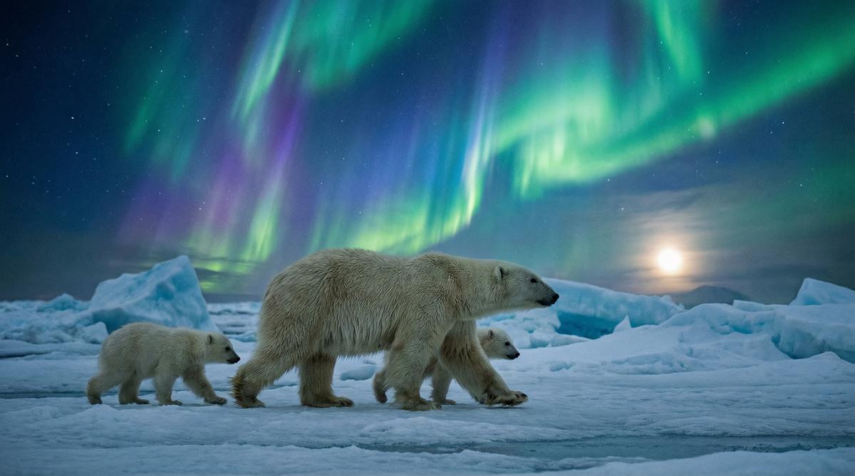 中出北极熊视频 - 极光下的母子视频